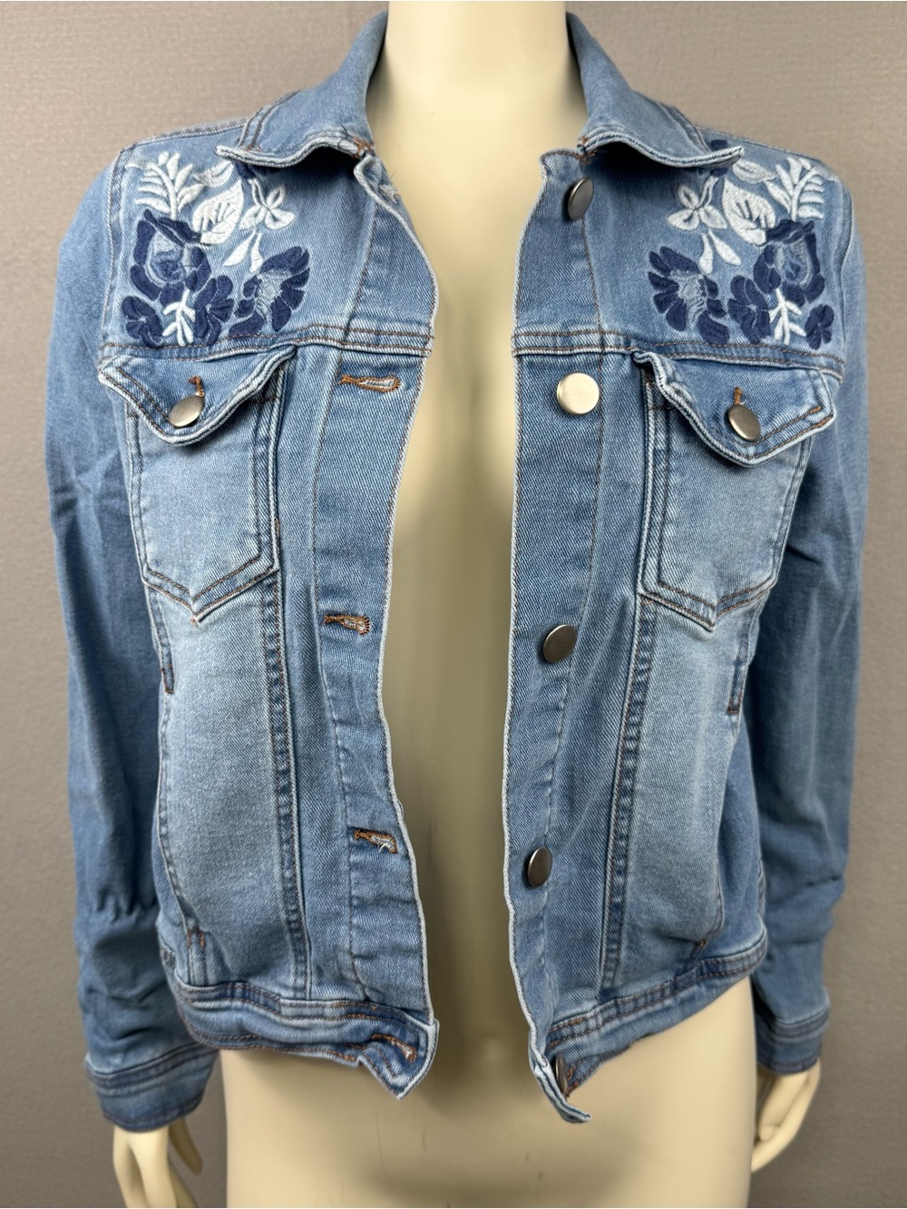 Baccini Petite Small Women’s Embroidered Denim Jacket with Floral Accents